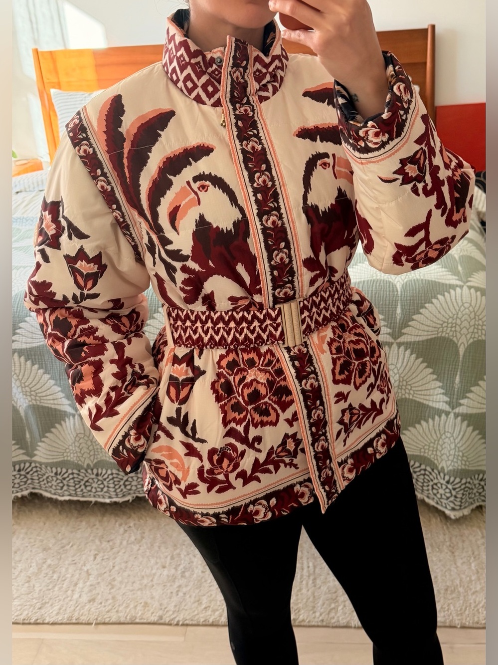 FARM Rio Cream Toucans Scarf Reversible Puffer Jacket / Vest with belt - Medium